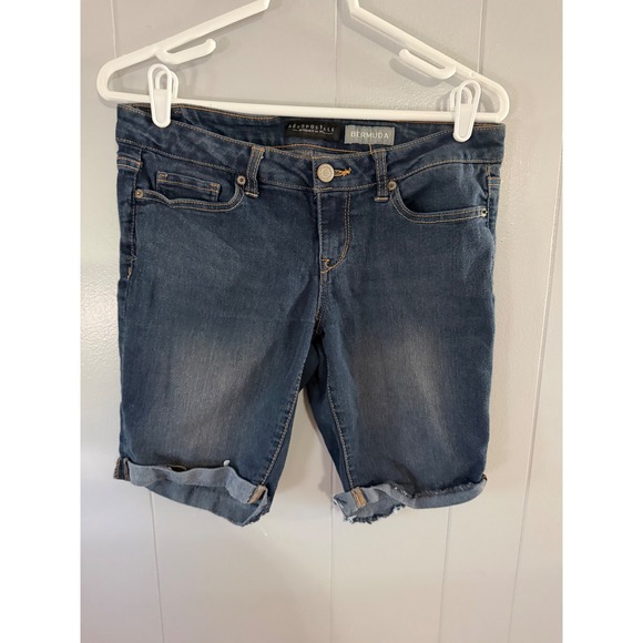 Aeropostale Pants - Aeropostale Bermuda Shorts Womens 6 Dark Wash Denim Rolled Raw Hem Stretch